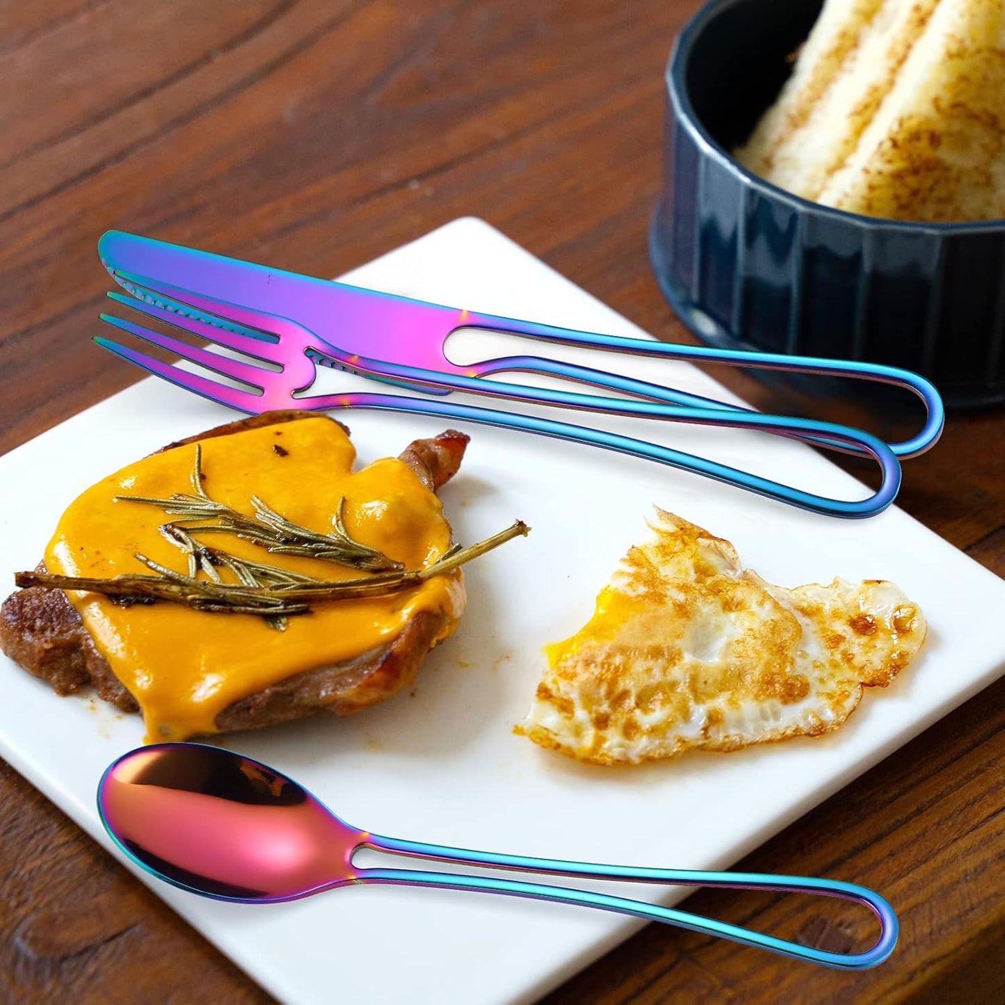 A·HOUSEWARE Iridescent Silverware Hollow Design 20 Piece Stainless Steel Flatware Set of 4 include Forks Spoons Knives Rainbow Utensils Color for Restaurant Parties Durable