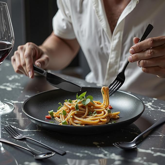 KINGSTONE 18/10 Stainless Steel Flatware, 20-Piece Forged Silverware Set for 4, Mirror Polished Cutlery Set Dishwaher Safe for Home, Restaurant, Wedding, Party, Black