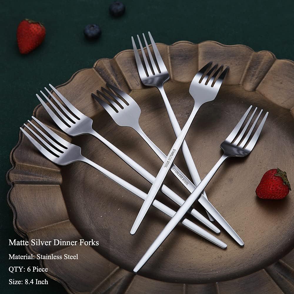 Matt Dinner Forks 6 Piece, Stainless Steel Dessert, Table, Salad Forks - Silverware Set for Home, Kitchen or Restaurant - Dishwasher Safe (Matt Silver-8.4 Inch)