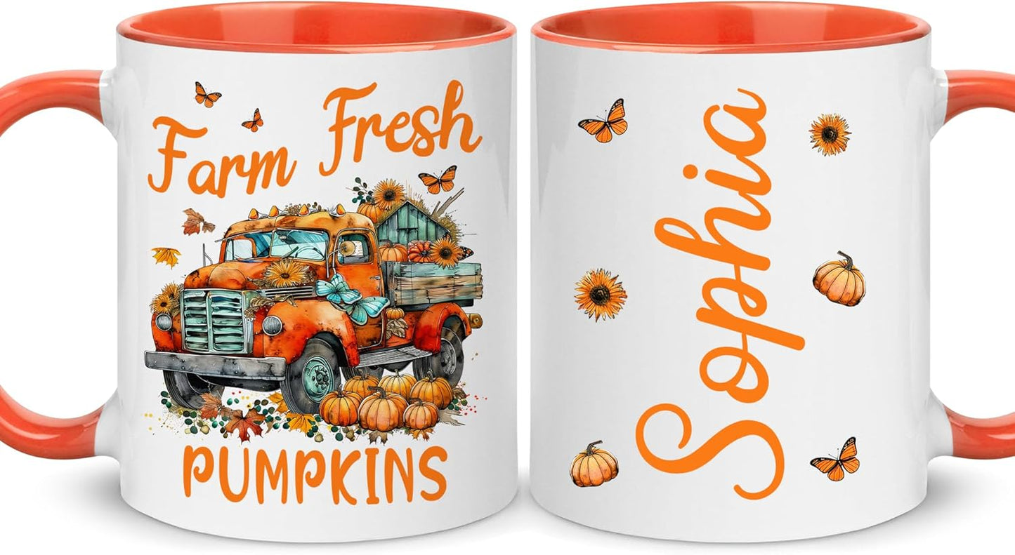 Hyturtle Personalized Fall Farm Mug Gifts For Women - Farm Fresh Pumpkins - Custom Name Coffee Cup Ceramic Mug 11oz 15oz - Farmer Lovers Gift - Autumn Gifts For Her - Fall Thanksgiving Decor Gift