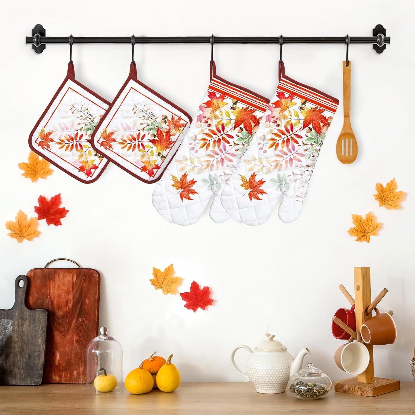 Fall Mapel Leaf Oven Mitts and Pot Holders Sets 4Pcs, 100% Cotton Heat Resistant, Extra Long Oven Gloves Potholder for Kitchen Cooking Baking Decoration
