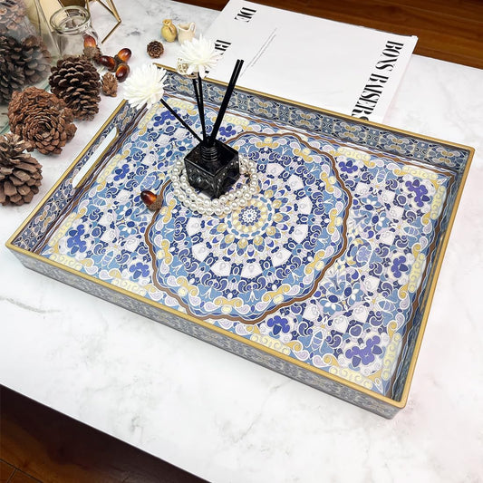 Boho Decorative Tray, Modern Blue Serving Tray with Handles, Ottoman Trays Set of 2, Plastic Coffee Table Tray for Living Room, Bathroom, Kitchen, Decor, Large 15.7”*11.8”, Small 13.7"*9.8"