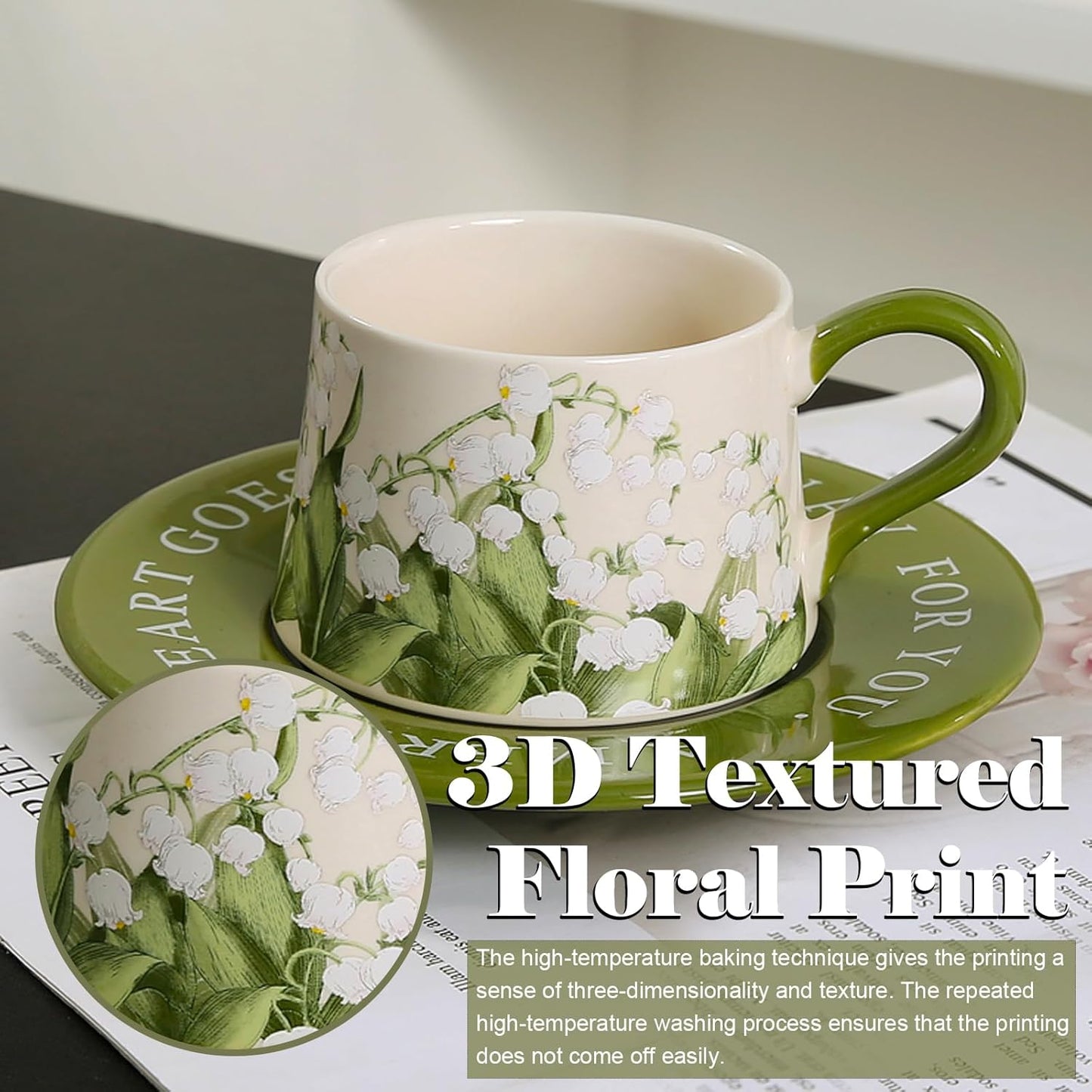 9oz Vintage Floral Pattern Coffee Mug Set, Friendship Gifts Birthday Gifts for Women, Thickened Ceramic Cup for Cappuccino, Latte, Cocoa, Dishwasher Safe and Microwave Safe Tea Cup and Saucer