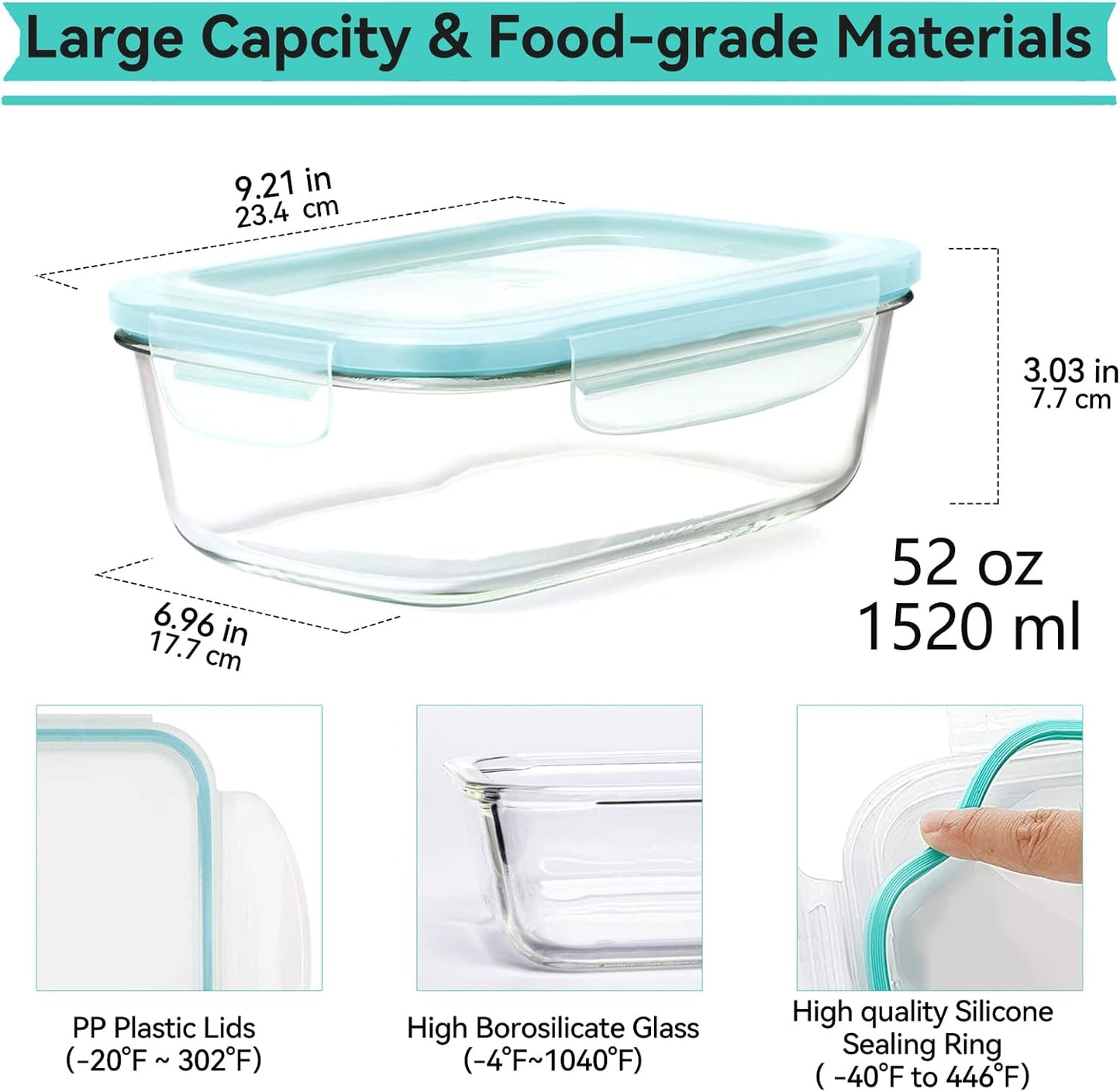 Luvan 60oz Large Glass Food Storage Containers with Lids,Glass Meal Prep Containers/Bento Boxes/Lunch Containers,BPA Free & Leak-Proof for Microwave,Oven,Freezer and Dishwasher Safe(2Pcs)