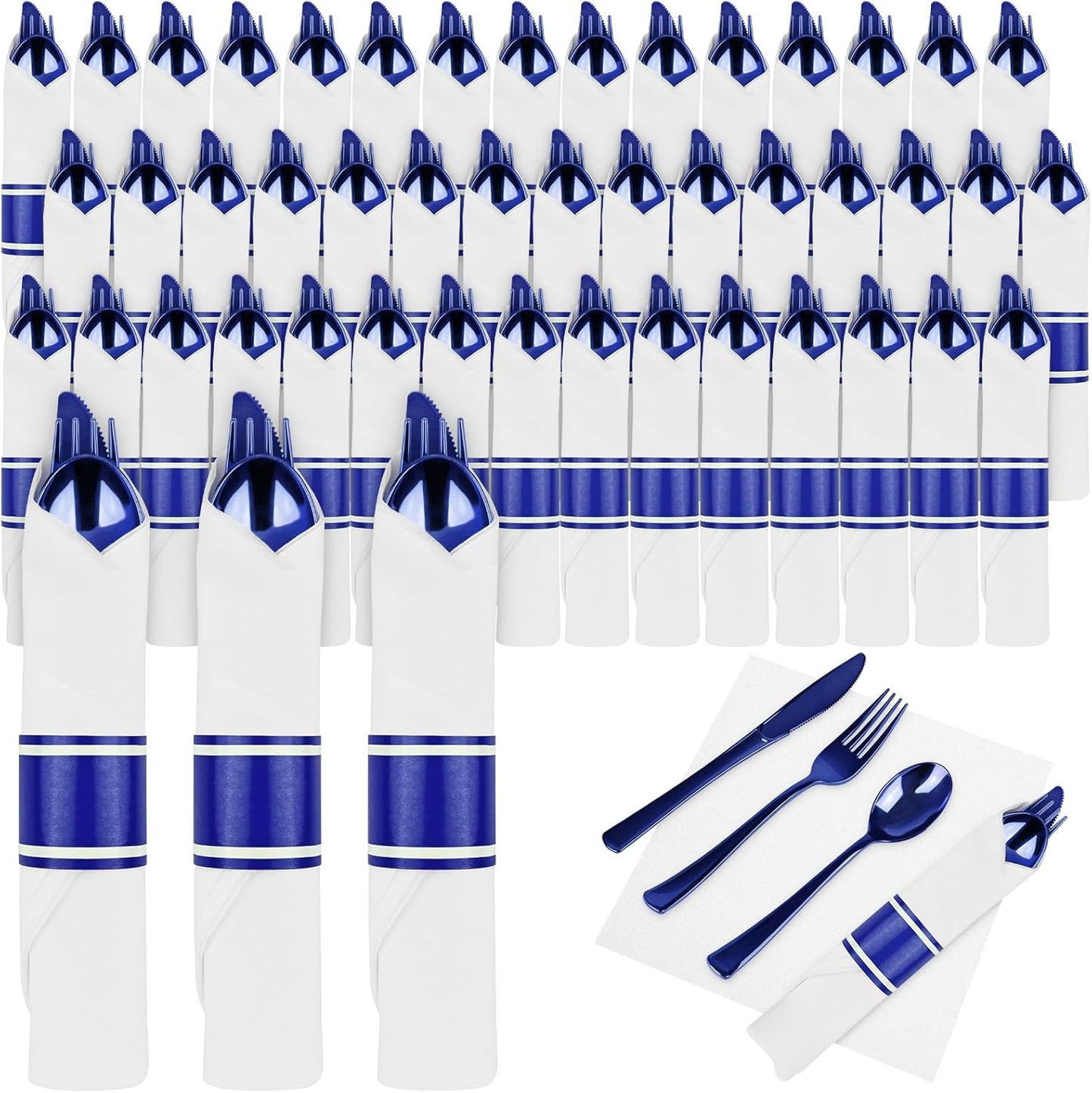 100Pack Blue Pre Rolled Plastic Silverware - Wrapped Blue Rolled Cutlery with Napkins, Heavy Duty Prerolled Plastic Silverware Set, Disposable Utensils with Dinner Napkins for Party