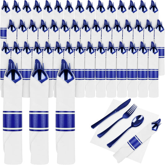 100Pack Blue Pre Rolled Plastic Silverware - Wrapped Blue Rolled Cutlery with Napkins, Heavy Duty Prerolled Plastic Silverware Set, Disposable Utensils with Dinner Napkins for Party