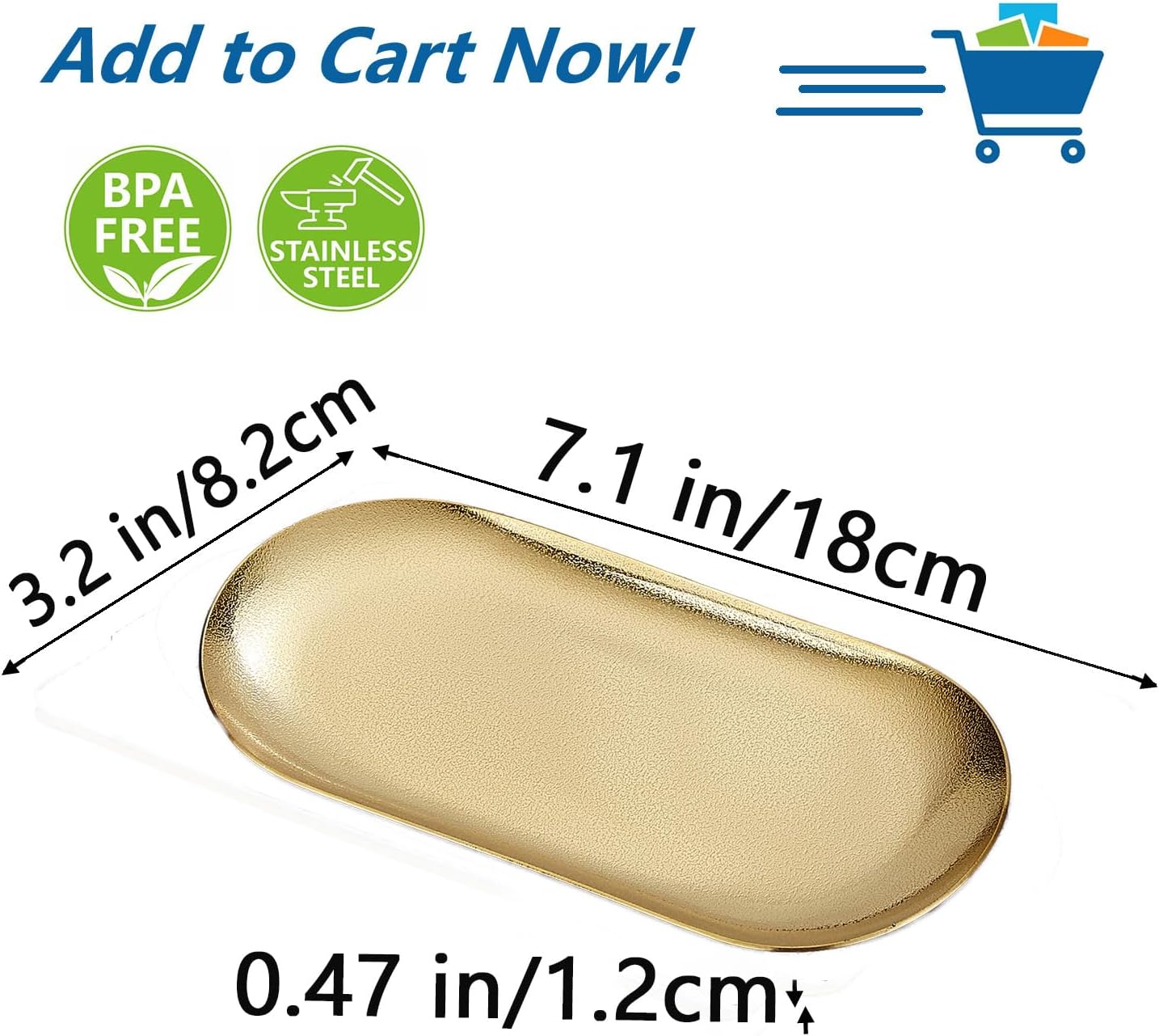 SANQIAHOME 7X3 inch ellipse Appetizer Plates,thick stainless steel Dinner Plates, Pasta Dessert Plates for Sushi, Fruit oven/Dishwasher Safe, Set of 4,Gold