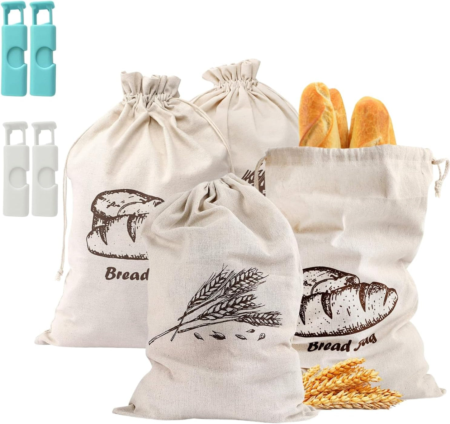 Bread Bags, 4-Packs Linen Bun Bags for Homemade Container, 17.3×11.6 Inches Unbleached&Reusable Loaf&Baguette Storage,Natural Large Storage for Artisan Roll,With 4 pieces Bread Clips