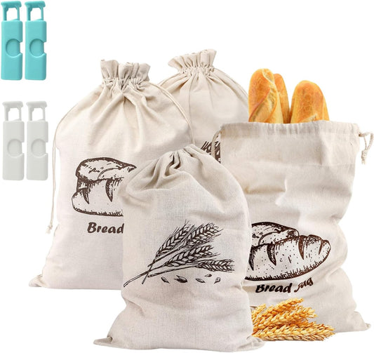 Bread Bags, 4-Packs Linen Bun Bags for Homemade Container, 17.3×11.6 Inches Unbleached&Reusable Loaf&Baguette Storage,Natural Large Storage for Artisan Roll,With 4 pieces Bread Clips
