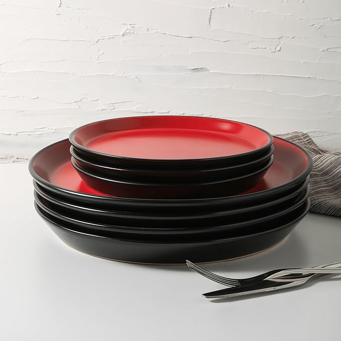 Stone Lain Albie Stoneware 32 Piece Dinnerware Set, Plates and Bowls Sets, Dish Set for 8, Red and Black, Microwave & Dishwasher Safe