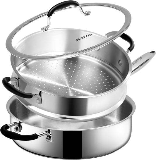 Tri-Ply Stainless Steel Saute Pan with Steamer, 5 Quart Deep Sauté Pan with Lid and Stay Cool Handle,11.5 Inch Frying Pan,Dishwasher and Oven Safe,Induction Stainless Steel Cookware