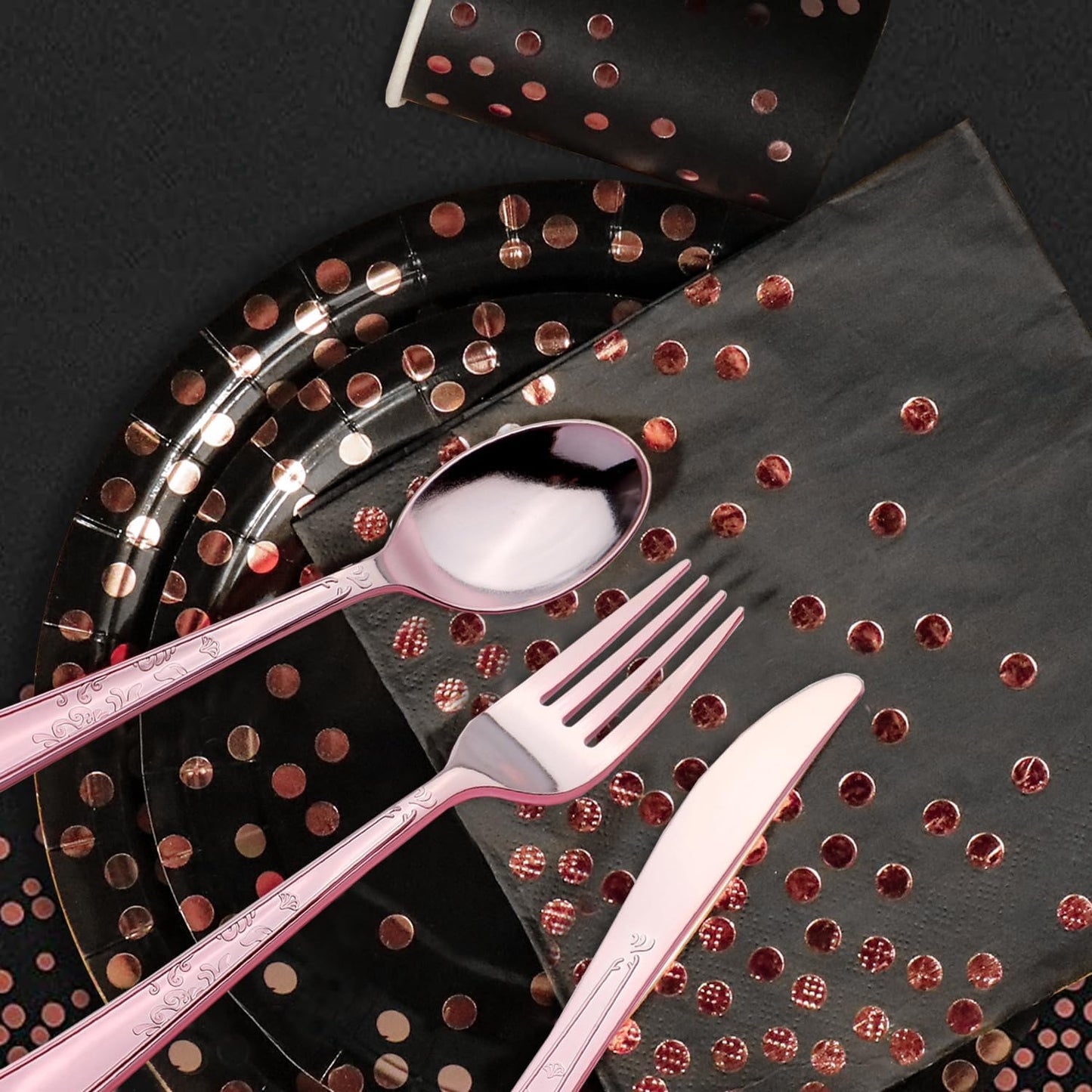 176 Pieces Gold Disposable Party Dinnerware Set &Golden Dot Disposable Party Dinnerware - Black Paper Plates Napkins Cups, Gold Plastic Forks Knives Spoons (25 Guests,176 Pieces)