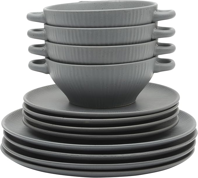 Gibson Elite Clover Hill 12-Piece Stoneware Dinnerware Set – Dark Blue Embossed Plates and Bowls with Matte Speckled Reactive Glaze, Service for 4 – Microwave & Dishwasher Safe