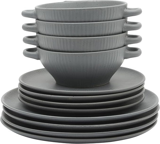 Gibson Elite Clover Hill 12-Piece Stoneware Dinnerware Set – Dark Blue Embossed Plates and Bowls with Matte Speckled Reactive Glaze, Service for 4 – Microwave & Dishwasher Safe