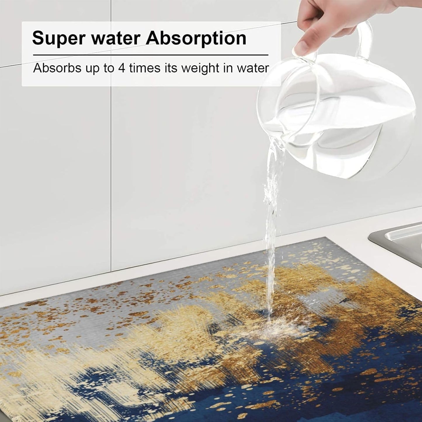 Navy Blue Gold Abstract Art Dish Drying Mat for Kitchen Counter, Absorbent Microfiber Drying Pad for Dishes, Washable Foldable Modern Kitchen Mat for Dining Area & Home Decor, 16" x 18" Blue Gold