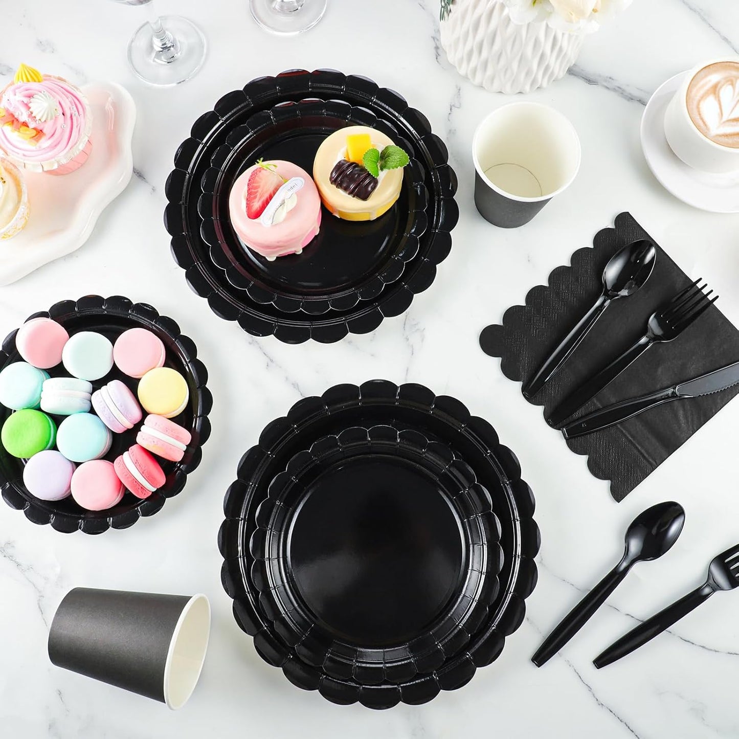 175 Pcs Black Plates and Napkins 25 Guest Halloween Plates Set Black Party Supplies Includes Scalloped Party Plate Napkins Cups Plastic Cutlery for Birthday, Halloween, New Year