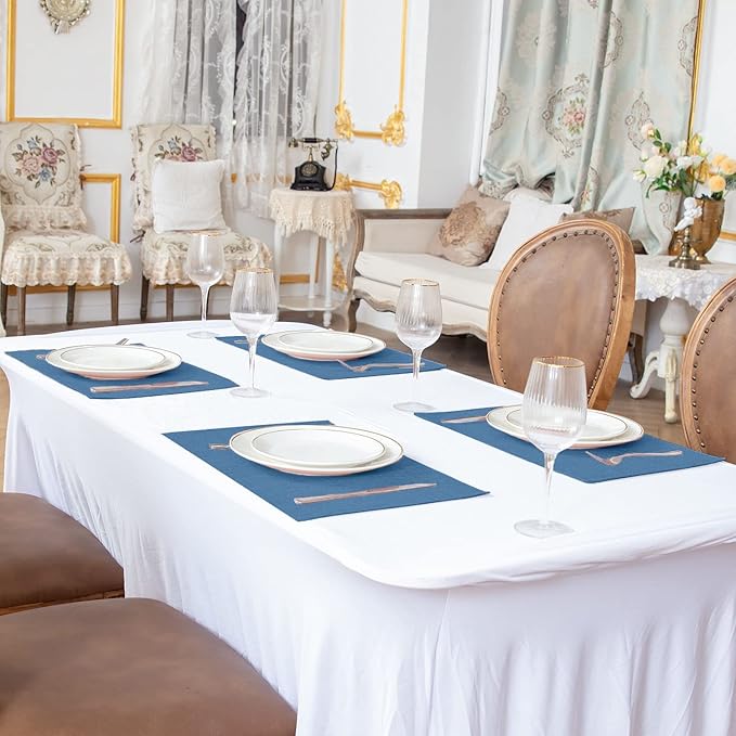 Linen Fabric Placemats Set of 6, Machine Washable, Heat Resistant, Wrinkle Free, Thick Polyester Kitchen Place Mats for Dining Table (Navy Blue)