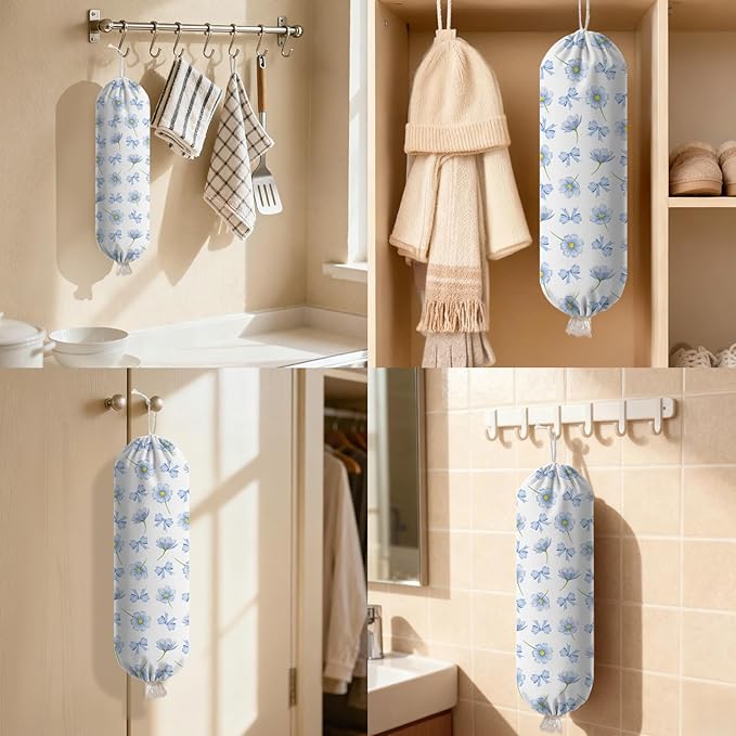 Plastic Bag Holder Dispenser, Plastic Grocery Bag Organizer & Wall Mount Paper Trash Bags Saver Storage for Kitchen Home Pantry Decor - Blue Floral Shopping Bags Storage Dispenser