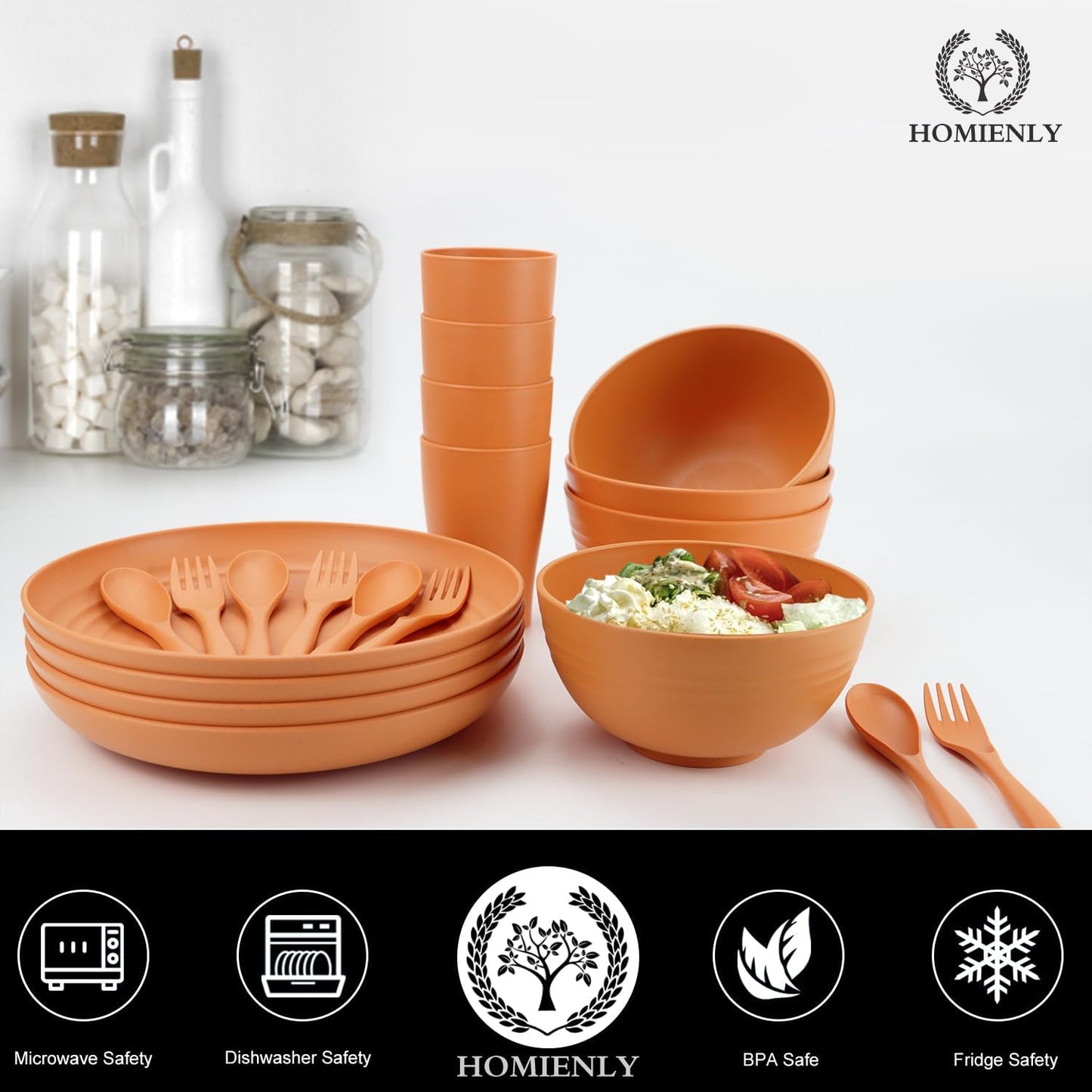 Wheat Straw Dinnerware Sets, Homienly 20pcs Unbreakable Microwave Dishwasher Safe Tableware Lightweight Bowls, Cups, Plates Set Reusable Dinner Plates Bowls set (Orange)