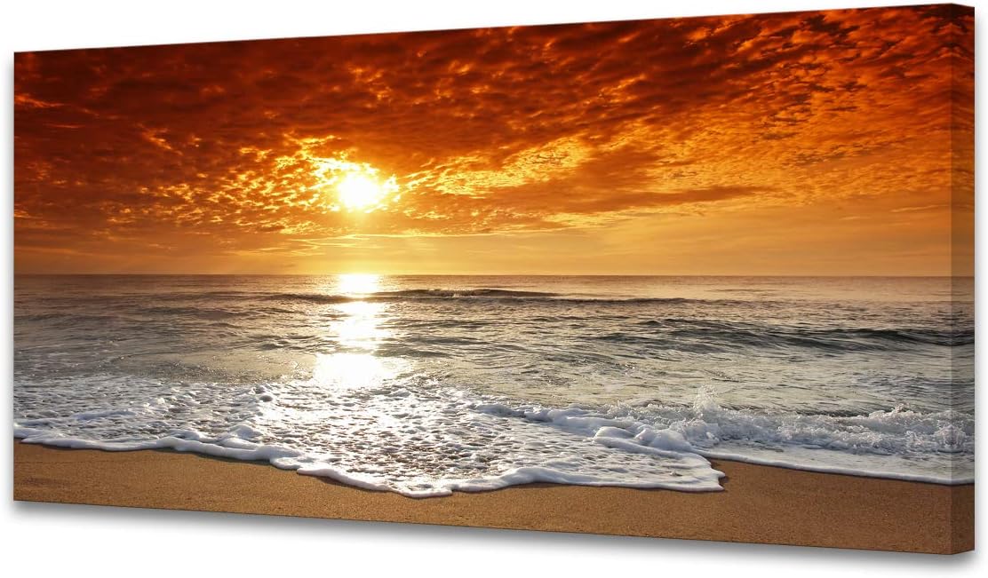 Muolunna S04662 Canvas Prints Wall Art Sunset Ocean Beach Pictures Photo Paintings for Living Room Bedroom Home Decorations Stretched and Framed Ready to Hang Seascape Waves Artwork 24x48inch