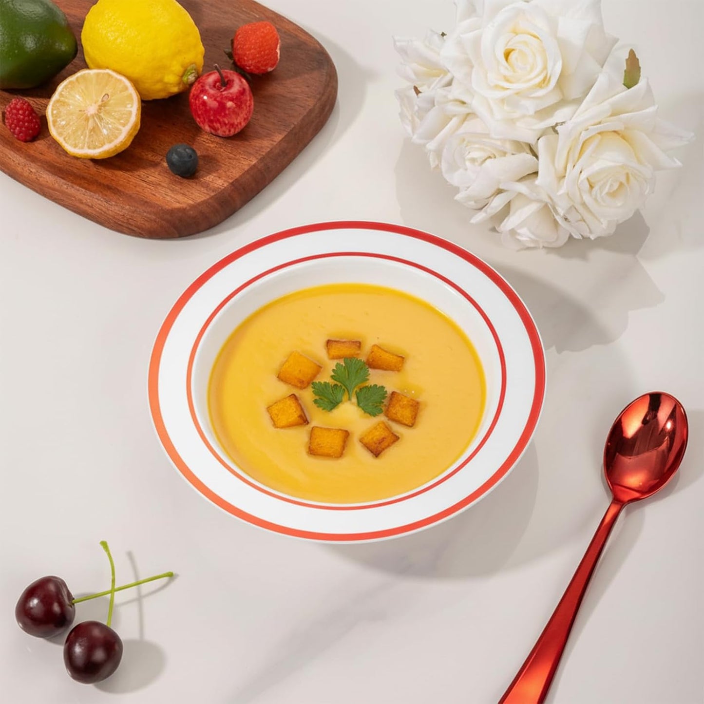 Goodluck 100 Pack Plastic Bowls with Red Rim, 12oz Disposable Soup Bowls, Heavy Duty Dessert Bowls for Weddings, Parties, Christmas Dinners, Catering, Thanksgiving and Everyday Use