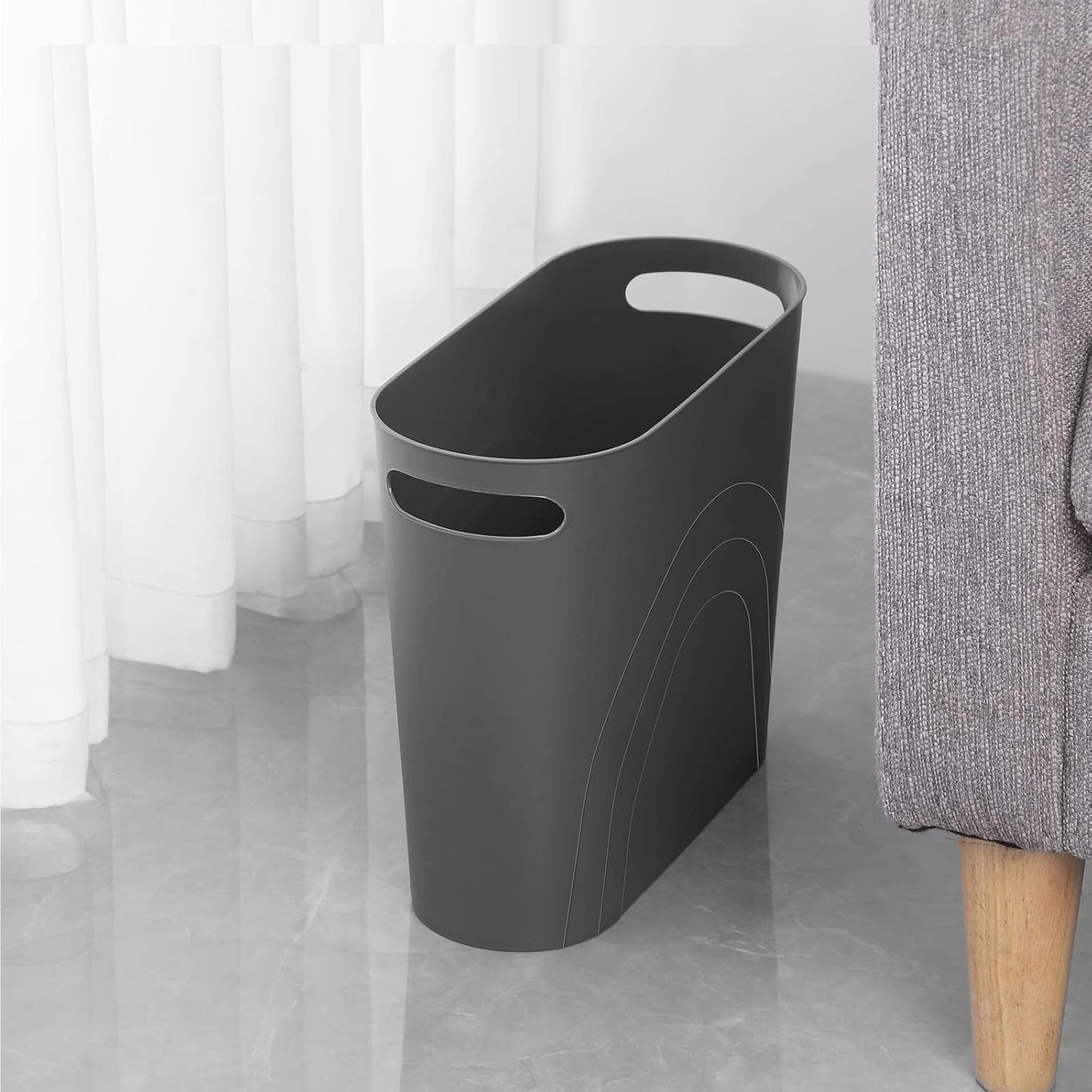 rejomiik Small Trash Can, 3.5 Gallon Slim Garbage Can Plastic Waste Basket with Handles Container Bin for Narrow Spaces Bathroom, Bedroom, Kitchen, Office at Home, Dark Gray