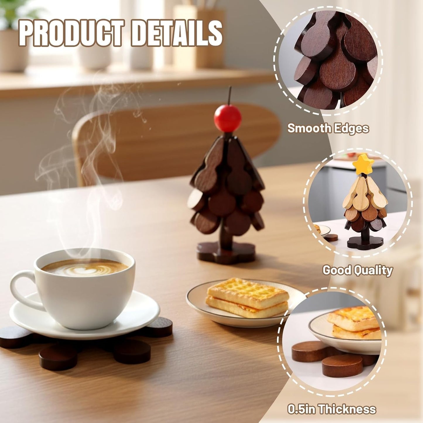 Natural Wood Tree Trivet Set, 2026 New Foldable Wooden Trivets with 3 Trivets & 1 Stand, Kitchen Wooden Tree Shape Trivet Set for Hot Dishes, Pot, Bowl, Teapot, Hot Pot Holders (B)