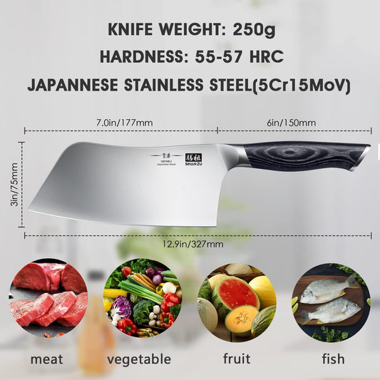 SHAN ZU 7 Inch Chef Knife, Sharp Meat Cleaver Knife Vegetable Chopper Professional Japanese High Carbon Stainless Steel Kitchen Chopping Knife with K133 Wood Handle, Black Tortoise Genbu Series