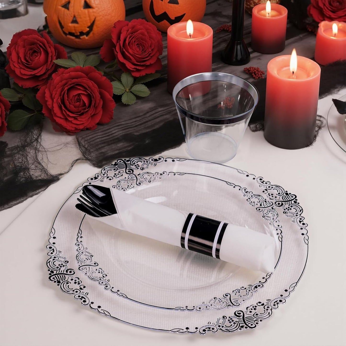 Hioasis 175pcs Clear Black Plastic Plates - Elegant Disposable Dinnerware Set Suitable for 25 Guests Include 10.25" Dinner & 7.5" Dessert Plates, Pre Rolled Silverware Set, Cups for Party & Halloween