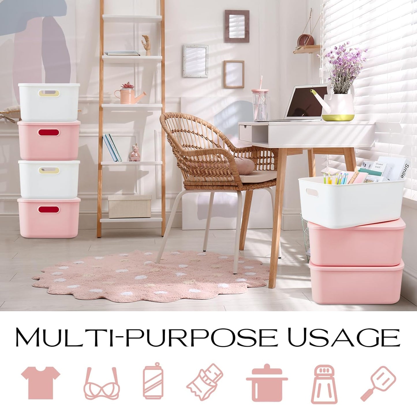 Hoolerry 8 Pieces Colorful Storage Bins with Lid, Plastic Storage Basket Organizing Container Stackable Box with Handle for Shelves Desktop Playroom Office(13.8 x 9.8 x 5.9 Inch,White and Pink)