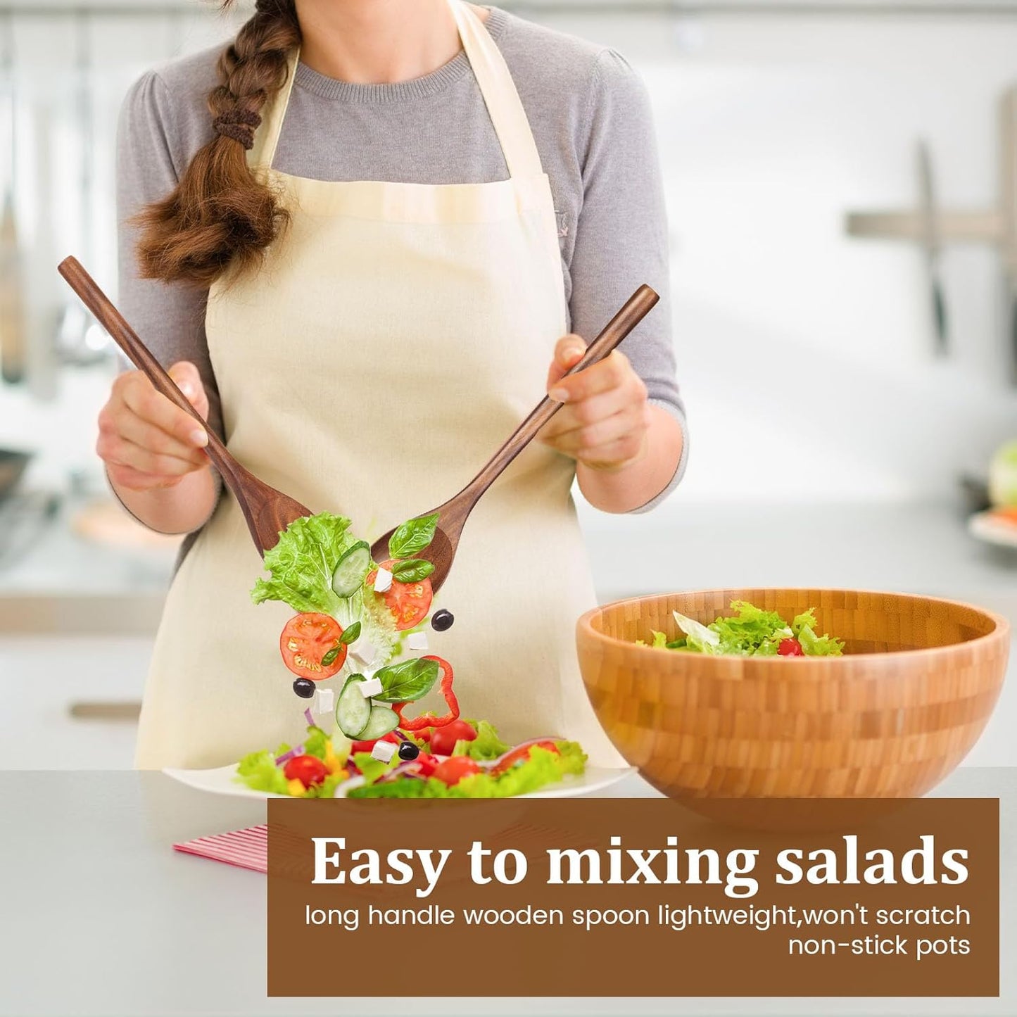 HANSGO 2PCS Large Wooden Cooking Spoons, 12 Inches Wooden Kitchen Utensil for Cooking, Serving, Mixing