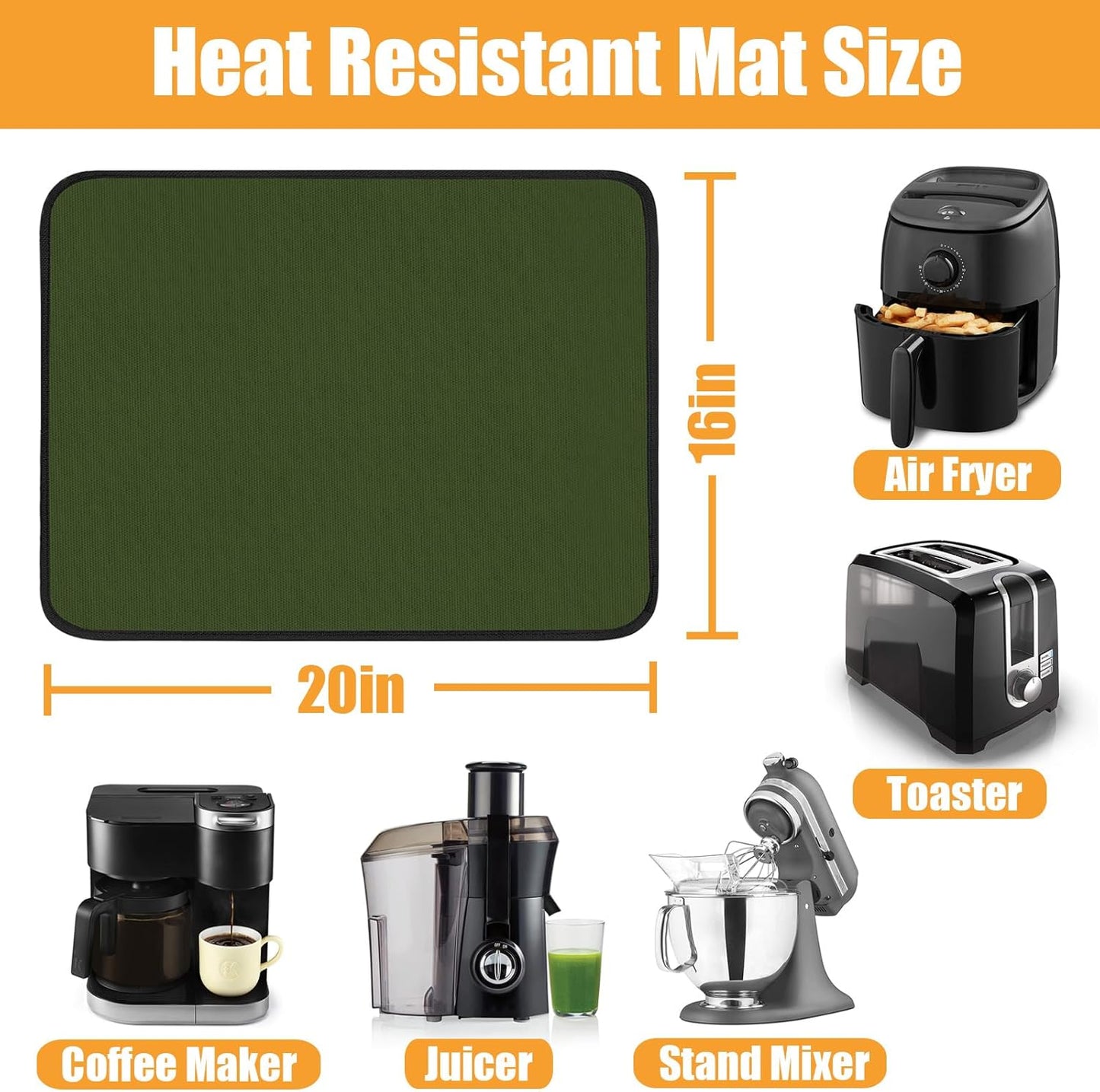 Heat Resistant Mat for Air Fryer, 16 x 20in Countertop Protector, Fireproof Silicone Appliance Slider Mat for Air Fryer, Coffee Maker, Toaster, Oven - Green