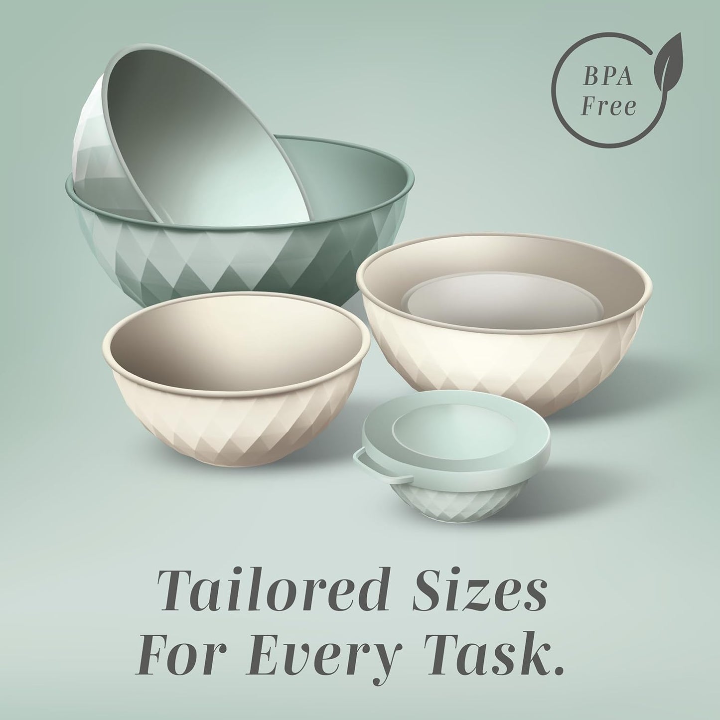 COOK WITH COLOR Mixing Bowls with Lids - 12 Piece Plastic Nesting Bowls Set includes 6 Prep Bowls and 6 Lids, Diamond Design - Microwave Safe, Mint