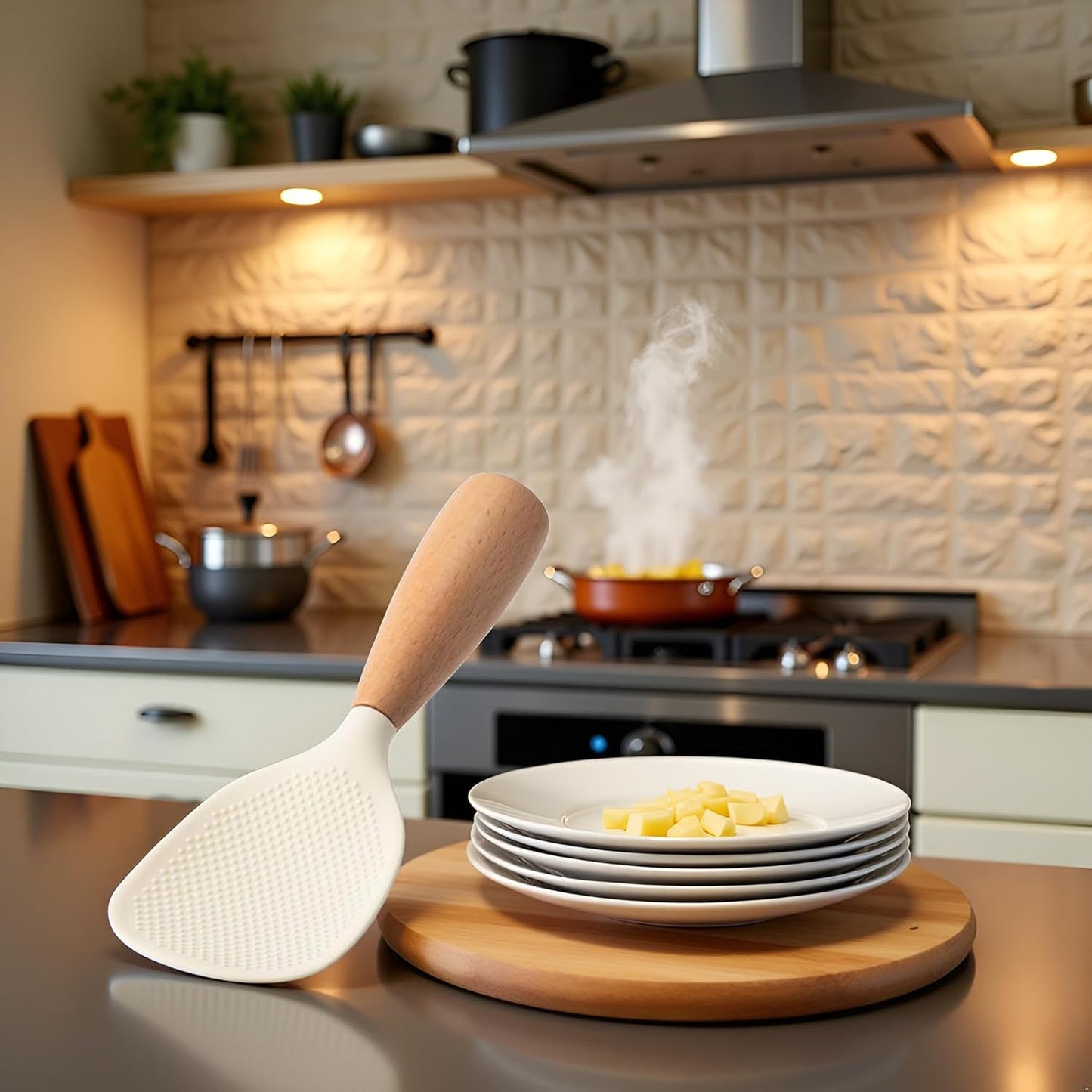 White Standing Silicone Rice Spoon Paddle, Household Rice Shovel Heat Resistant Anti-scalding Rice Scooper, Rice and Potato, Serving Spoons Dining and Flatware