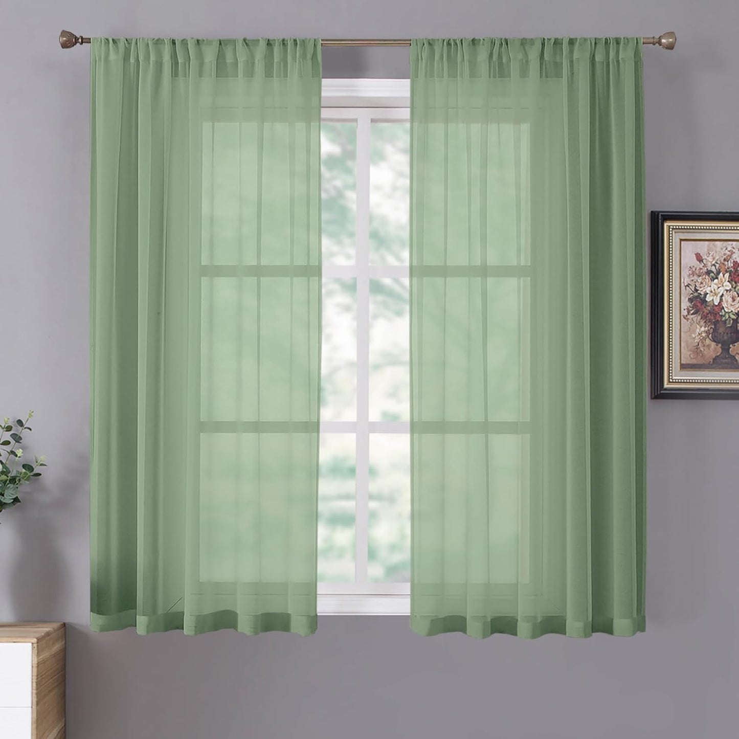 Tollpiz Sheer Curtains Living Room Linen Textured Curtain Sheers Light Filtering Voile Rod Pocket Curtains for Bedroom, 38 x 63 inches Long, Sage Green, Set of 2 Panels