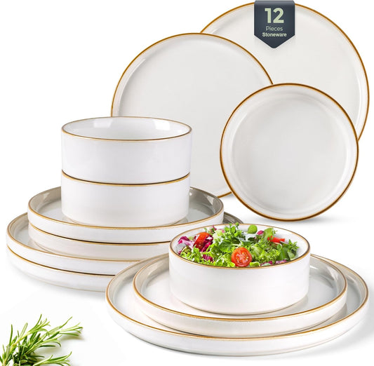 GBHOME Ceramic Dinnerware Sets for 4, 12 Pieces Stoneware Plates and Bowls Sets, Reactive Glaze Dishes -Scratch Resistant, Dishwasher&Microwave Safe-Pearl White