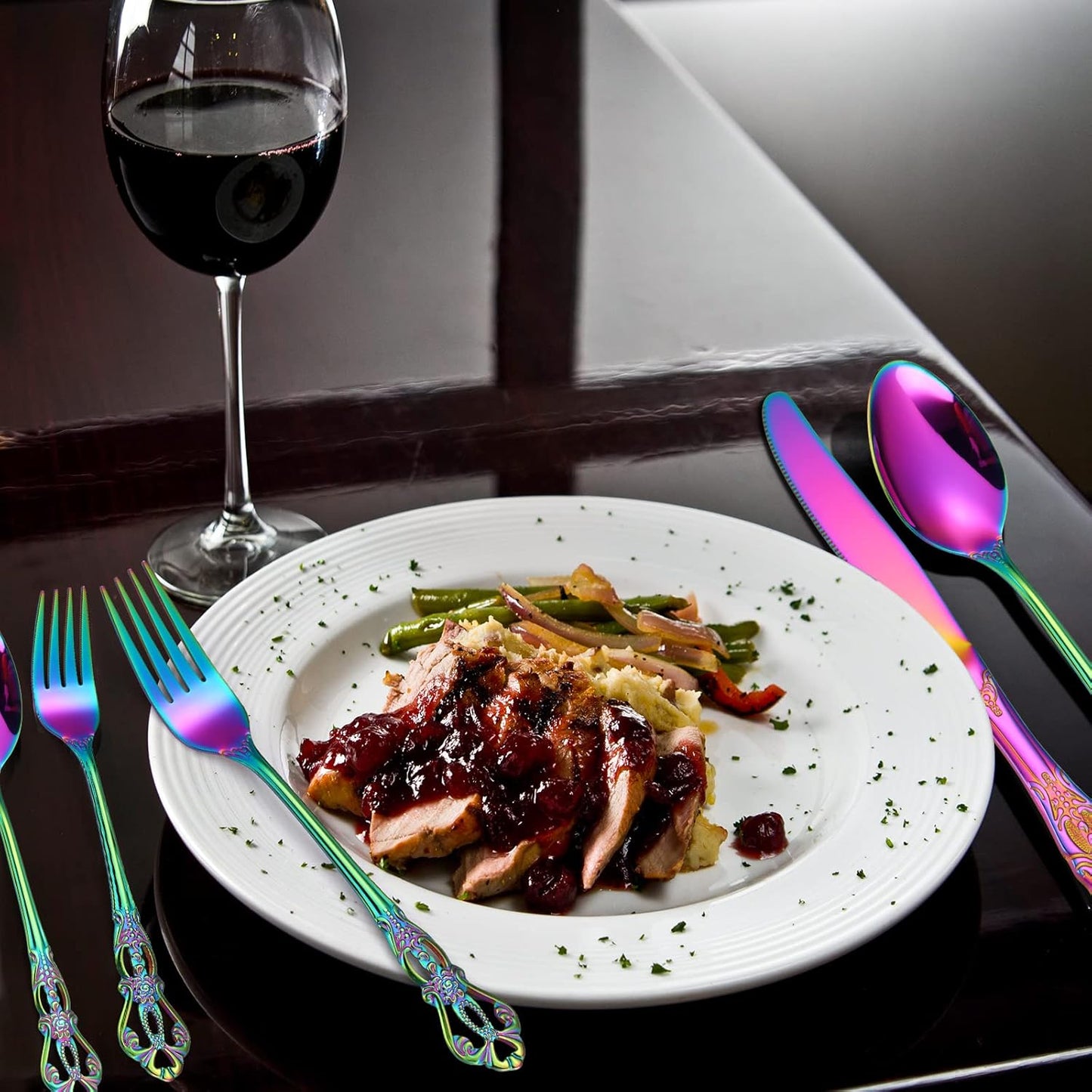 Retro Silverware Rainbow Set for 4 Stainless Steel Flatware 20 Pieces include Knives Spoons Forks With Vintage Relief Design Handle Durable Elegant Festival Parties Kitchen Utensils