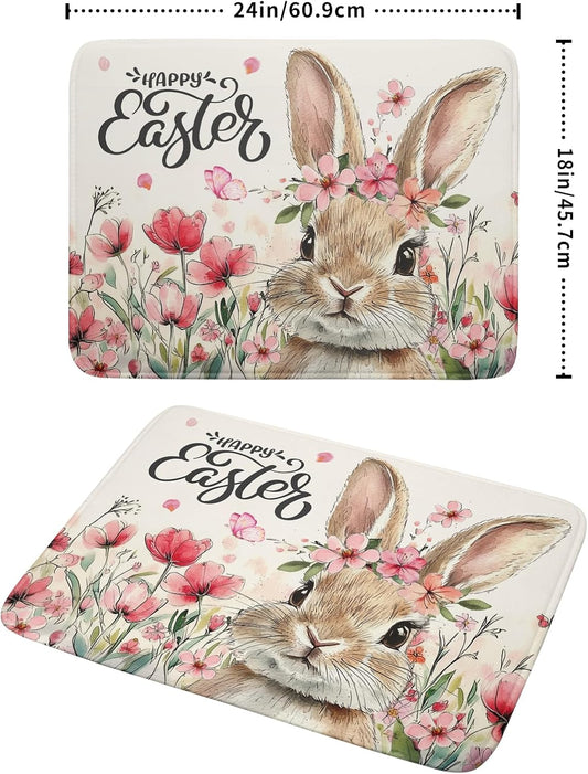 Happy Easter Dish Drying Mat 18x24 Inch,Cute Bunny Pink Flowers Festival Holiday Absorbent Microfiber Dishes Drainer Rack Pad for Kitchen Counter Sink Coffee Maker Bar Table Decor