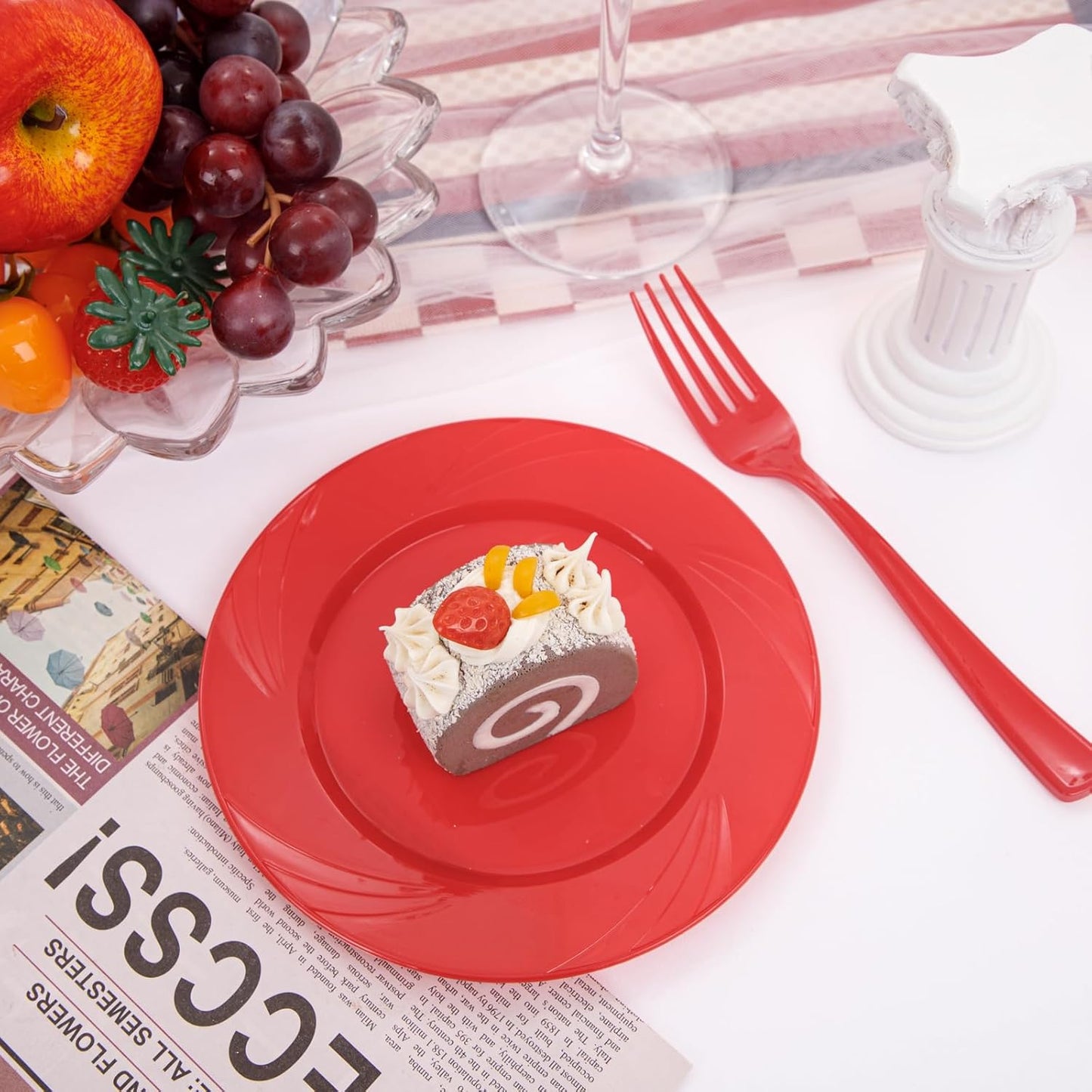 YOUBET 125Pieces Red Plastic Plates - Heavy Duty Disposable Silverware - Include 50 Plates 25 Forks 25 Knives 25 Spoons - Perfect for Christmas & Party