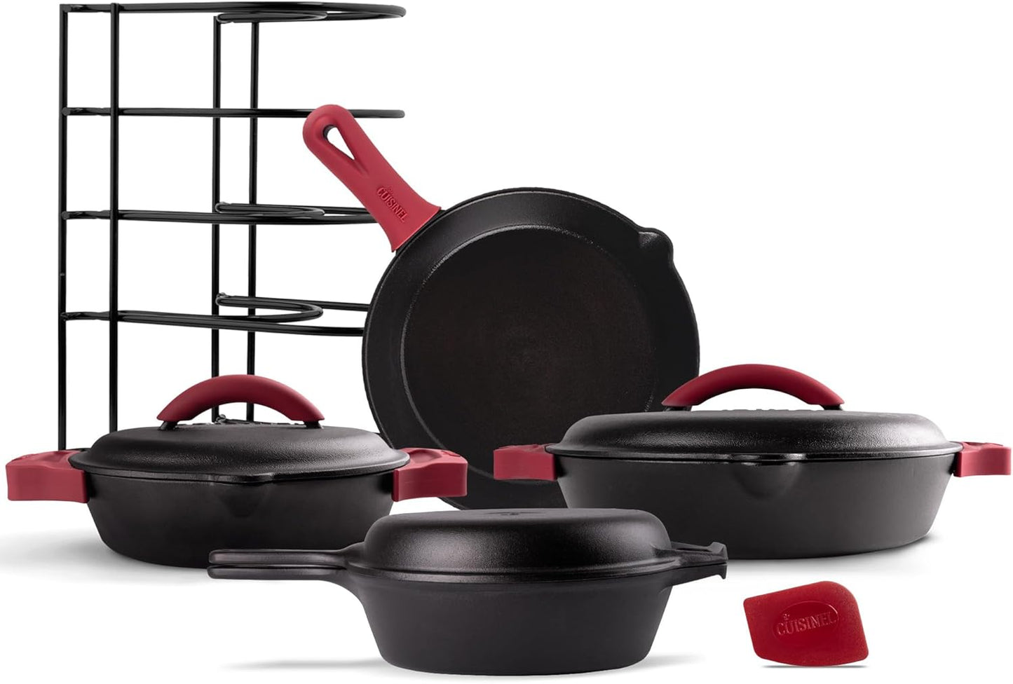 Cuisinel Cast Iron 16-Piece Pre-Seasoned Cookware Set - 8" + 12" Braiser Pans + Cast Iron Lids + 10" Skillet + 2-in-1 Multi-Cooker + 12" Organizer + Scraper + Silicone Handle Covers - Fire or Oven Use