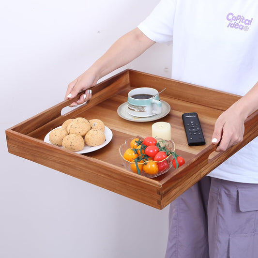 Ottoman Tray for for Living Room Extra Large Wooden Serving Trays for Ottoman 22-INCH Square Wood Trays with Handles Decorative Trays for Serving, Breakfast, Coffee Tea, Appetizers