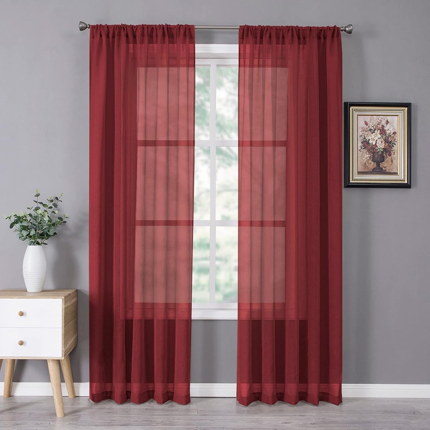 Tollpiz Sheer Curtain Linen Textured Bedroom Curtains Sheer Light Filtering Rod Pocket Voile Curtain for Living Room, 54 x 95 inches Long, Burgundy Red, Set of 2 Panels