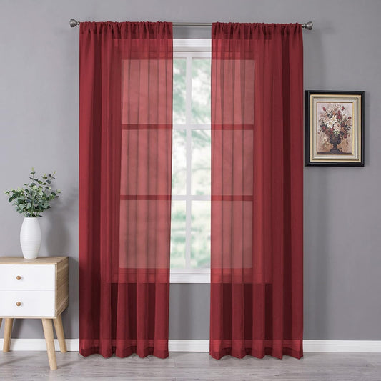Tollpiz Sheer Curtain Linen Textured Bedroom Curtains Sheer Light Filtering Rod Pocket Voile Curtain for Living Room, 54 x 95 inches Long, Burgundy Red, Set of 2 Panels