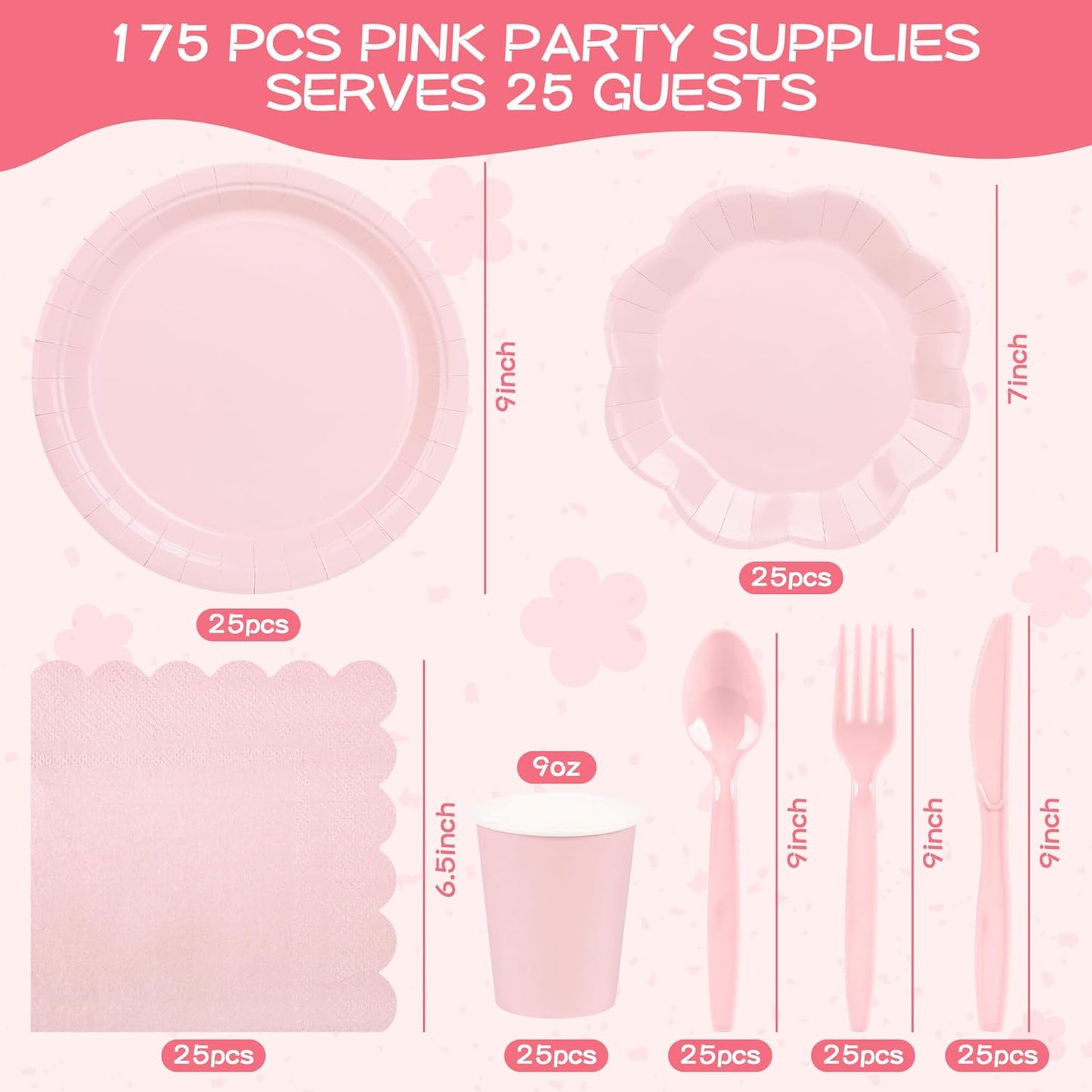175 Pcs Light Pink Plates Cups and Napkins Set, Pink Scalloped Dessert Plates Party Supplies for 25 Guests Include Disposable Pink Party Plates Napkins Cup Cutlery for Baby Shower Wedding Birthday