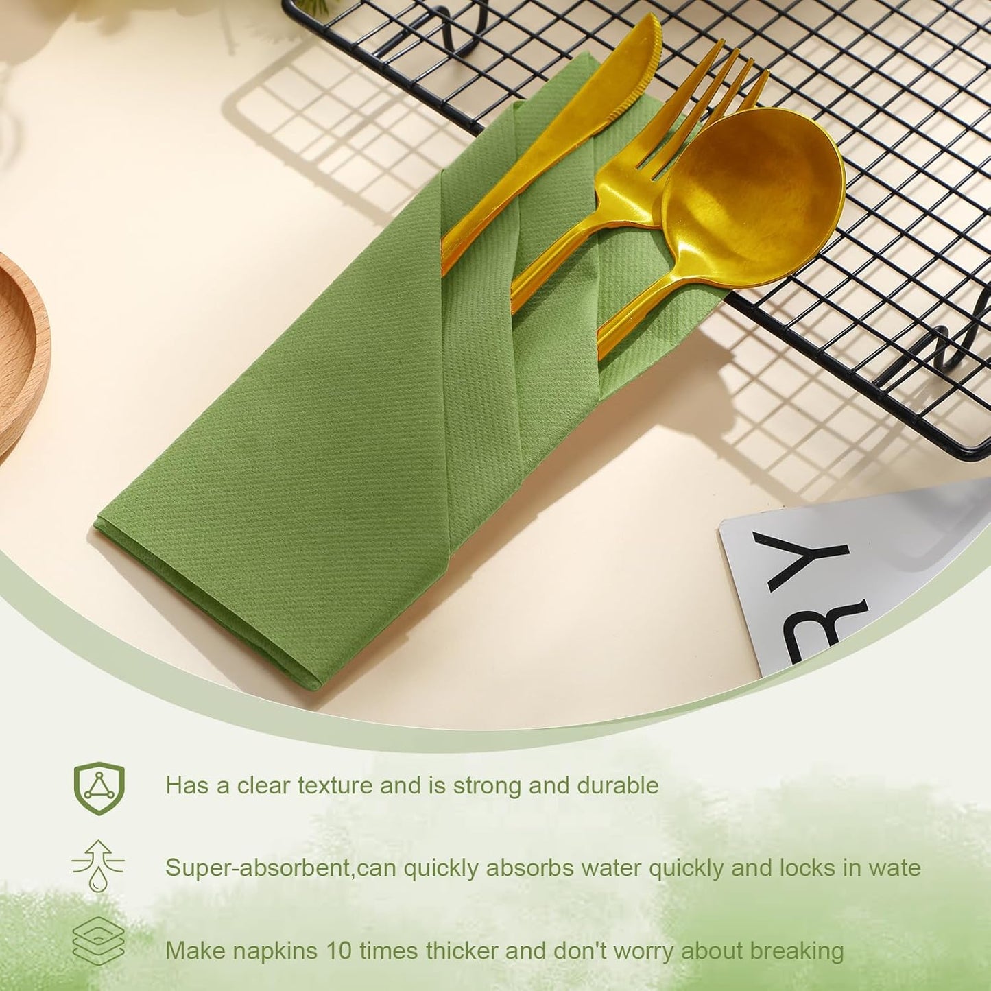 Qilery 50 Pcs Paper Linen Napkins Disposable Airlaid Paper Prefolded Dinner Napkins with Built in Flatware Pocket for Silverware Valentine Wedding Party Christmas Day (Green)