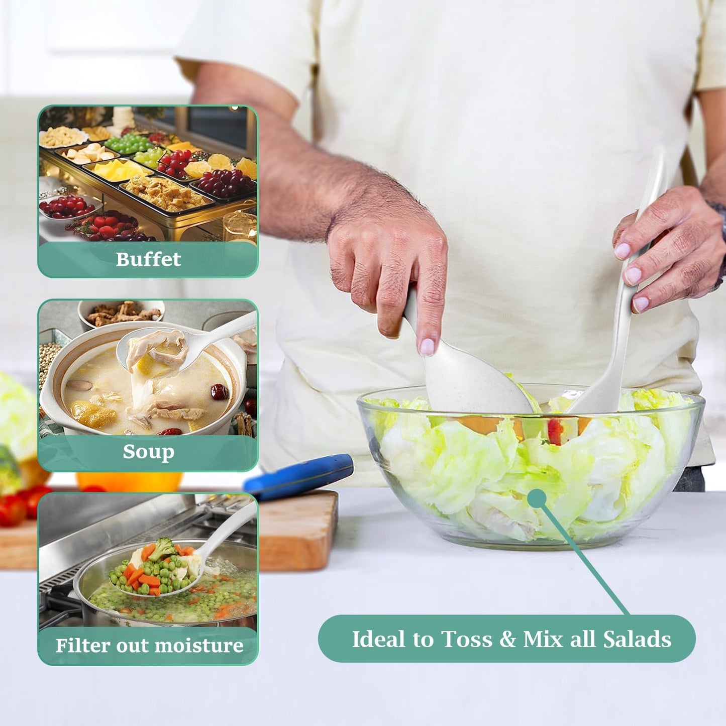 8 Pack 10" Large Reusable Plastic Wheat Straw Serving Spoon Set, 4 Serving Spoons & 4 Slotted Spoons, Kitchen Mixing Serving Spoon for Buffet Chafing Dish Catering (White, Not for Cooking)