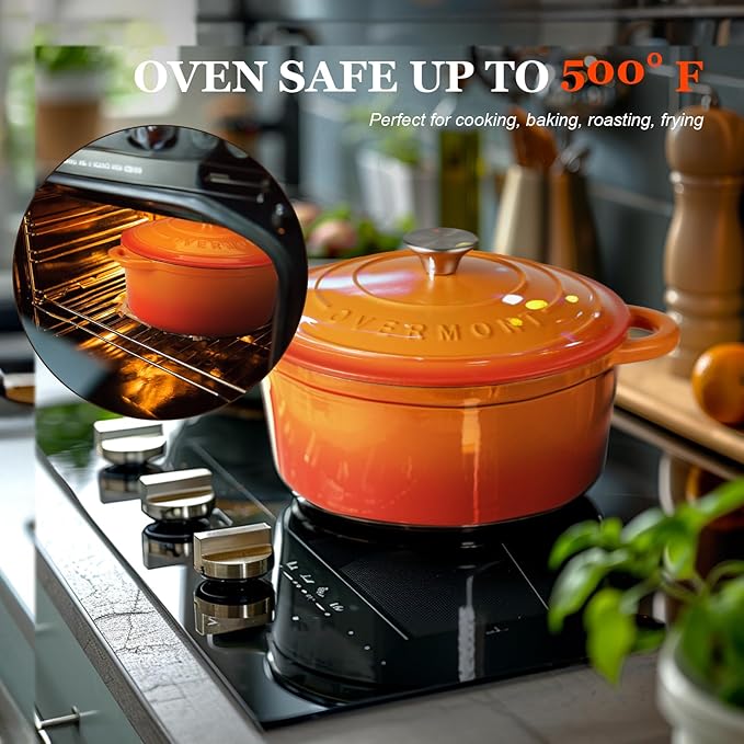 Overmont Enameled Cast Iron Dutch Oven - 5.5QT Pot with Lid Cookbook & Cotton Potholders - Heavy-Duty Cookware for Braising, Stews, Roasting, Bread Baking orange