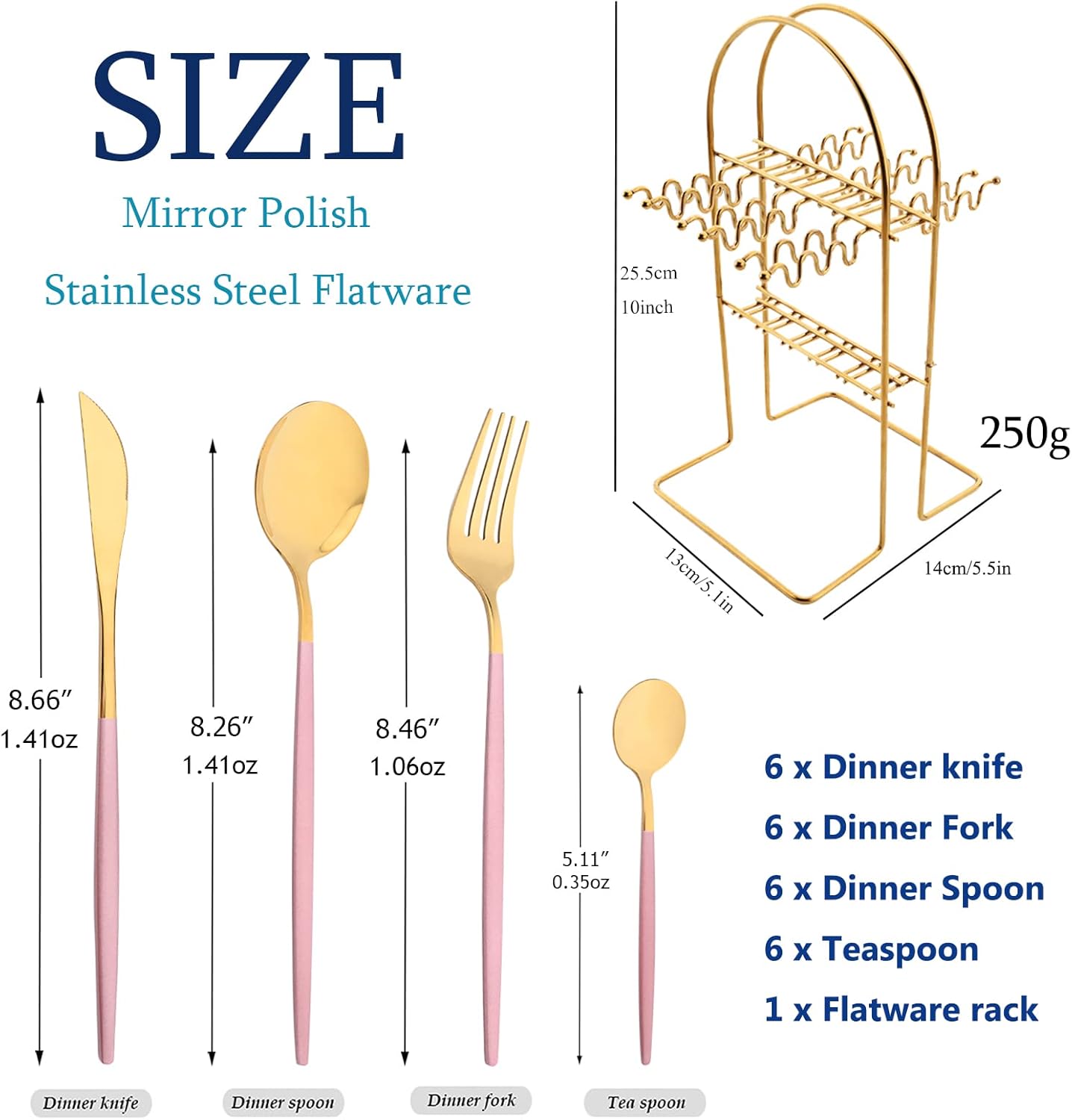 Pink Gold 24Pcs Flatware Set With Stand, Lightweight Dinnerware Set Stainless Steel Cutlery With Pink handles For Home Kitchen Wedding Party And Daily Use,Service For 6, Mirror Polish