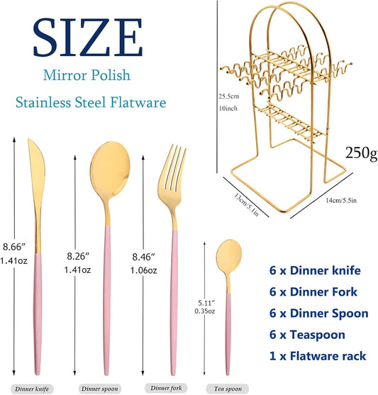 Pink Gold 24Pcs Flatware Set With Stand, Lightweight Dinnerware Set Stainless Steel Cutlery With Pink handles For Home Kitchen Wedding Party And Daily Use,Service For 6, Mirror Polish