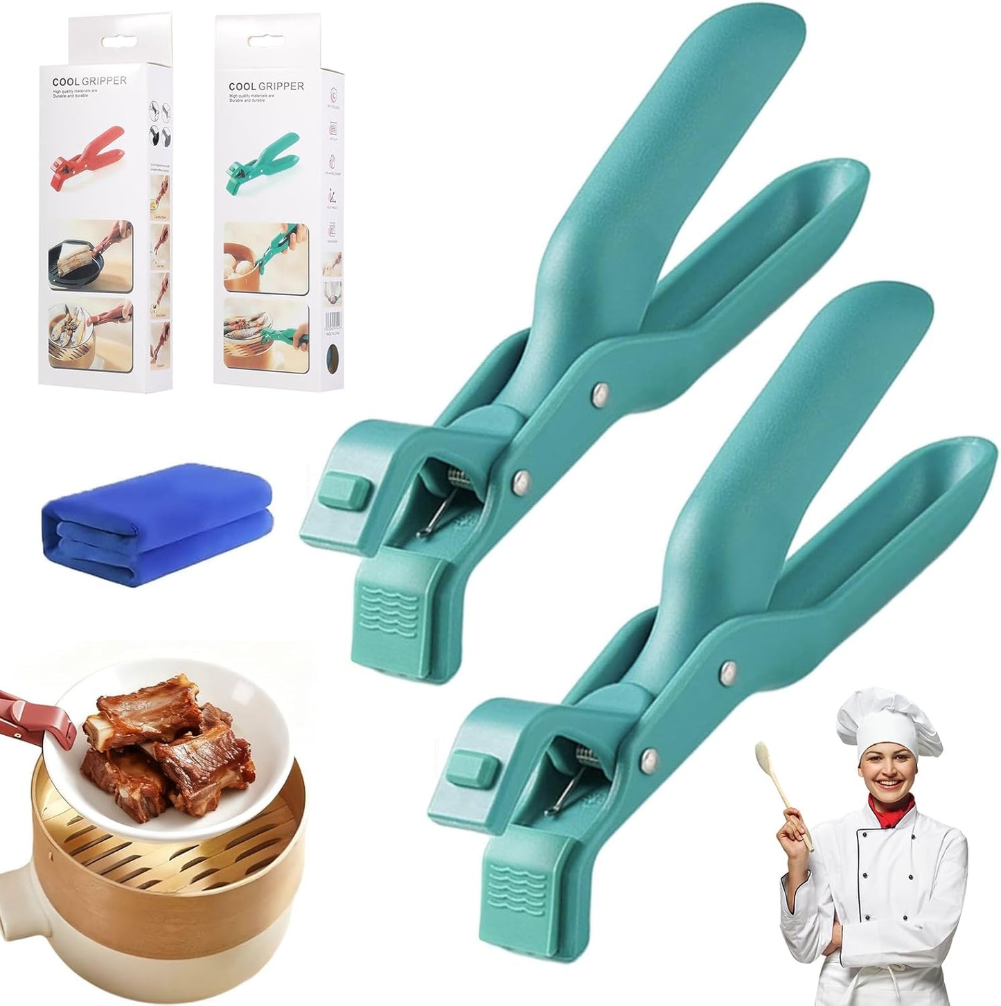 2Pc Hot Plate Gripper Tongs, Silicone Non-Slip Kitchen Utensil, Heat Insulation Anti-Scald Bowl Holder Clip for Cooking (Green + Green)